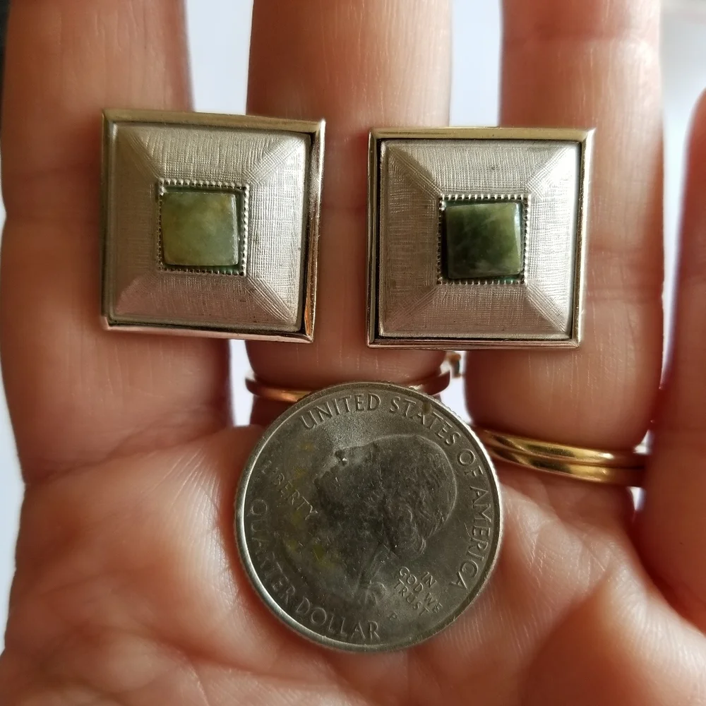 Vintage Swank cuff links silver tone square green stone cufflinks textured men
